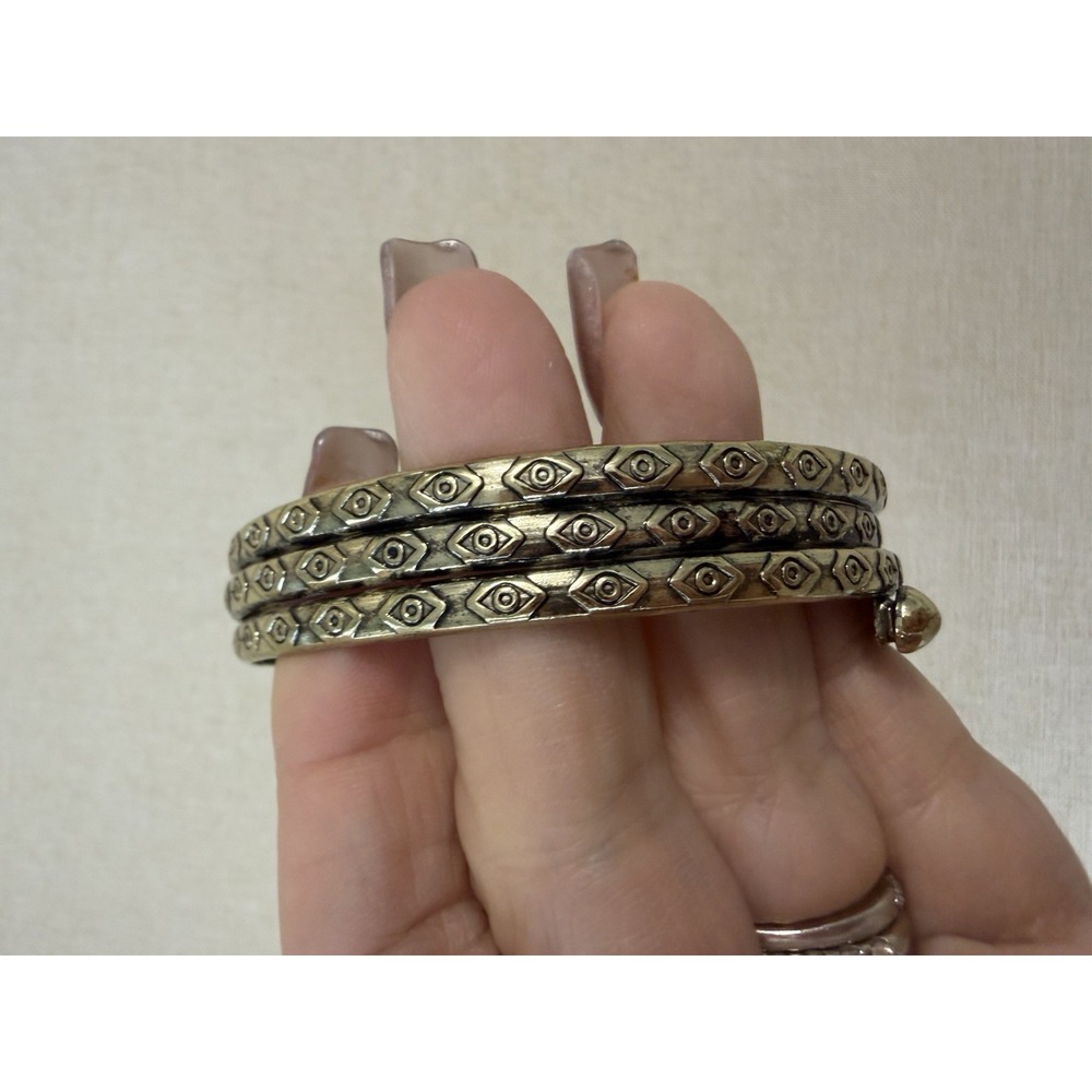Vintage Brass Evil Eye Triple Band Cuff Bracelet Boho Tribal Adjustable Wide - Picture 5 of 10